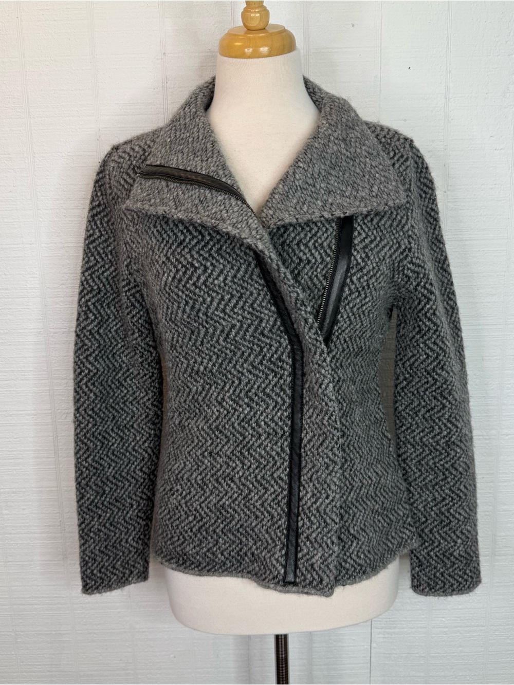 Eileen Fisher Gray Wool Alpaca Leather Moto Jacket Women’s Small Herringbone Zip